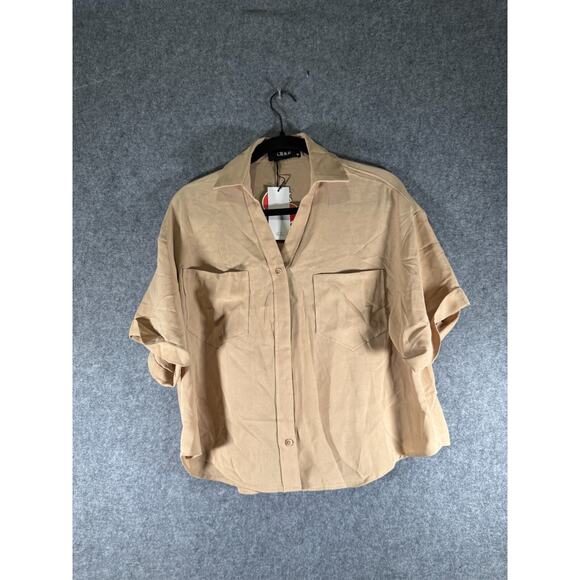 Cider Top Women Medium Beige Short Sleeve Cropped‎ Button Front Staple Essential - Picture 1 of 8